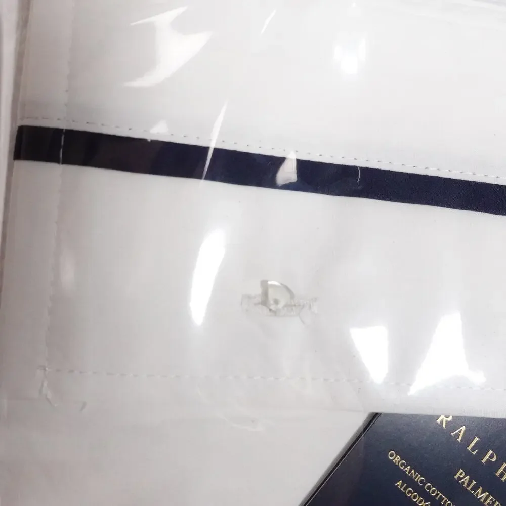 Ralph Lauren Organic Cotton Percale Palmer Twin Flat Sheet White/Polo Navy $125